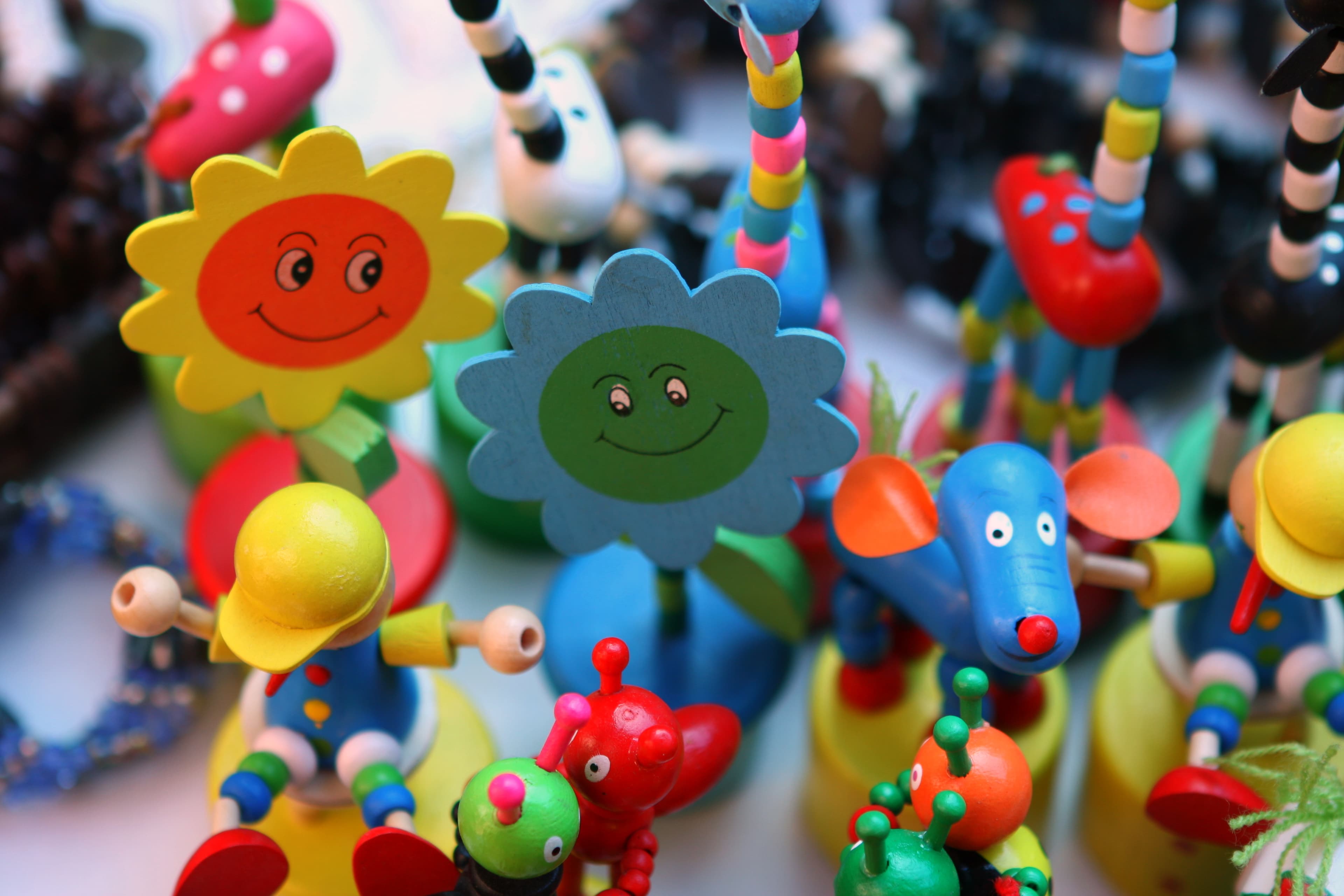 A colourful display of wooden toys inside the Toybox Ross shop